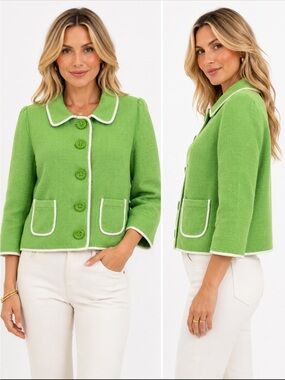 Kate Spade Valerie Cropped Tweed Jacket White Piping Key Lime Size 12